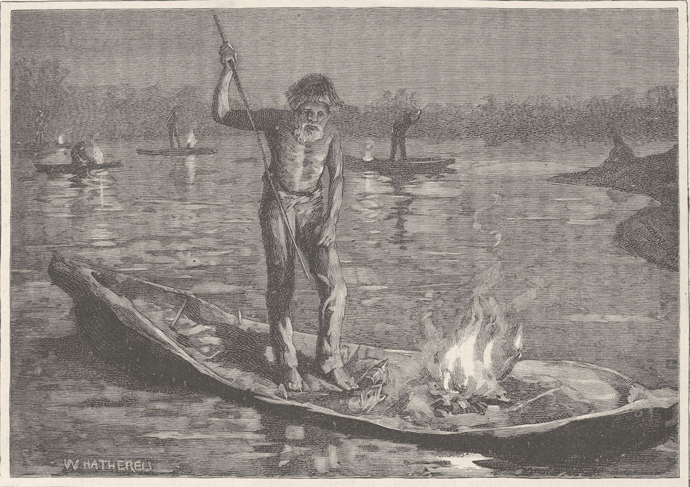 AUSTRALIA. Aborigines. fishing, night 1890 old antique vintage print picture